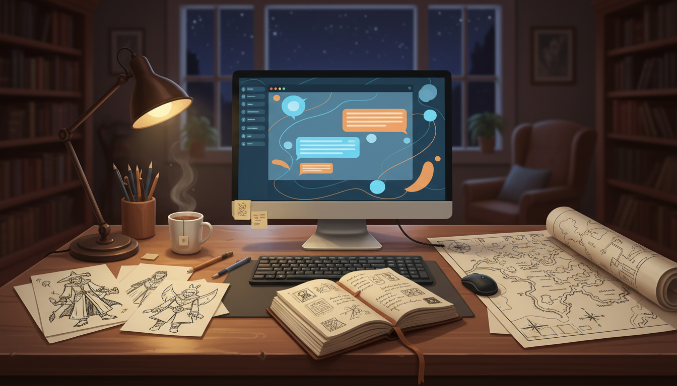 A cozy writer's desk with a glowing monitor showing an AI character chat interface, surrounded by creative sketches and notebooks.