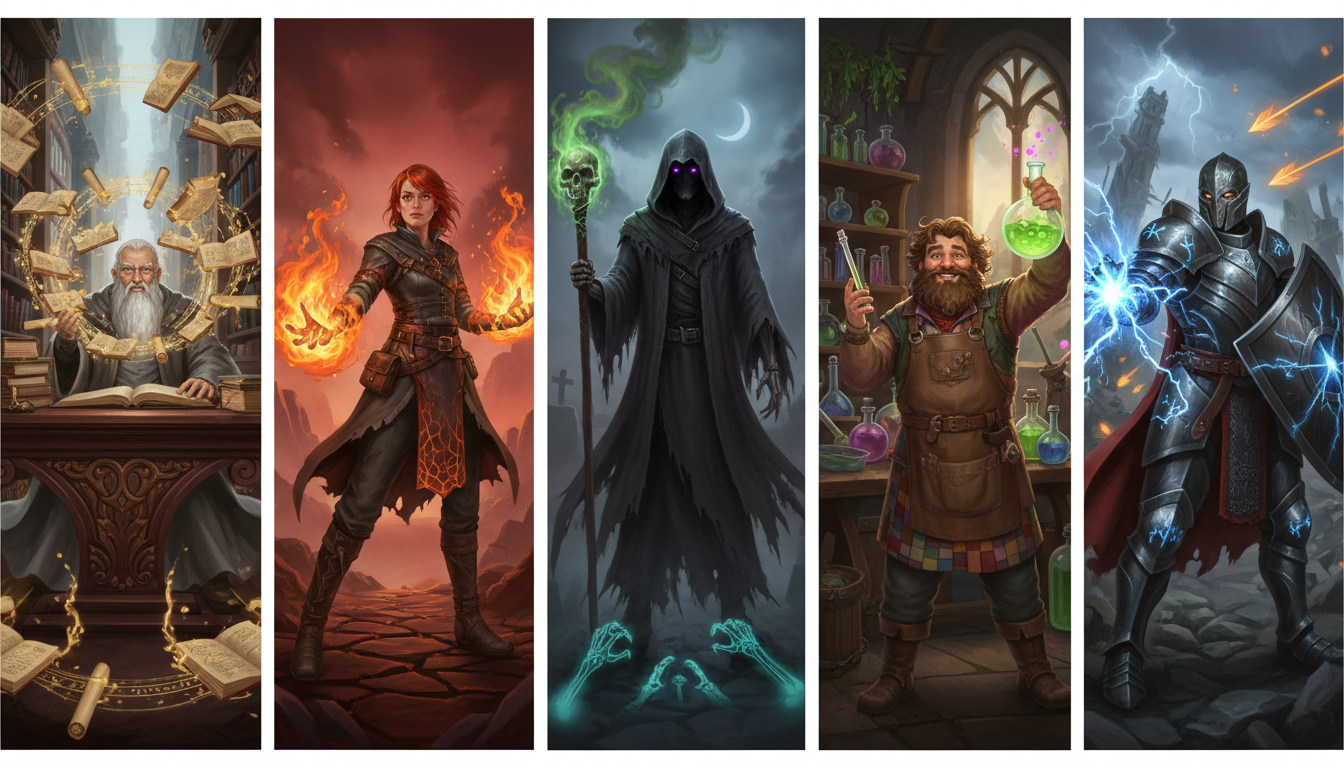 Five distinct wizard archetypes representing different vocal styles for fantasy voice generation.