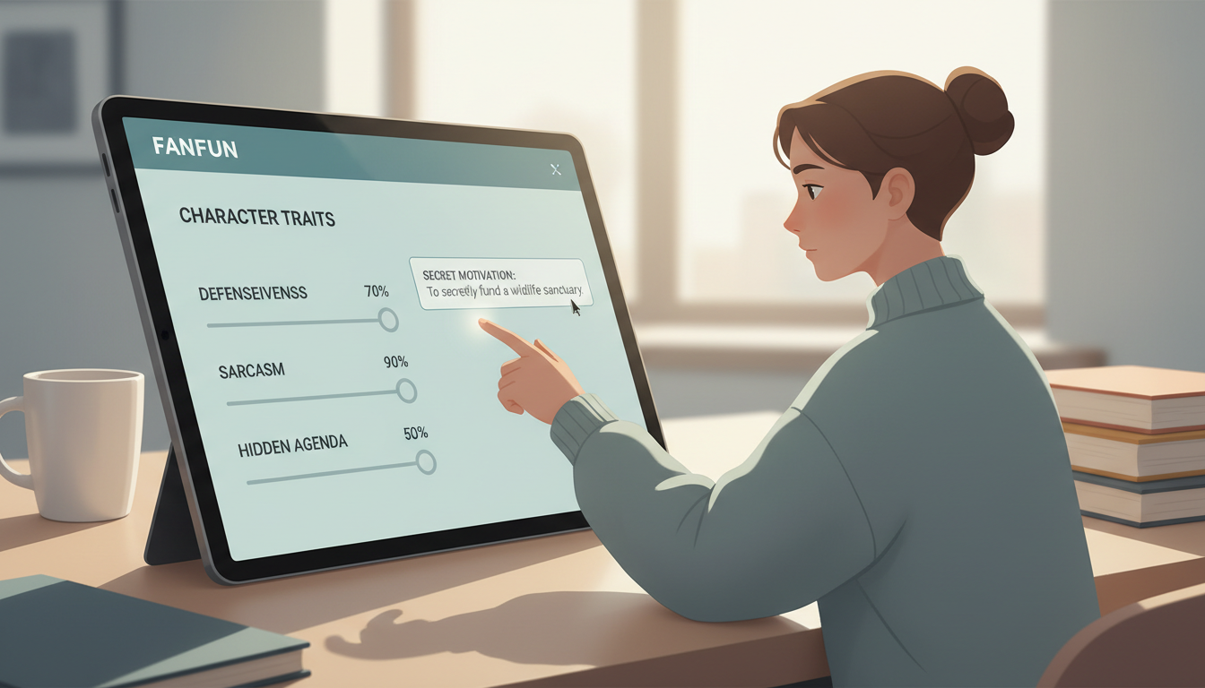 A digital mockup of an AI character setup interface with custom sliders for personality traits and subtext settings.