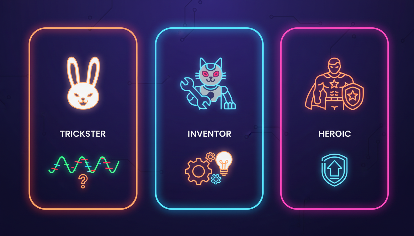 An infographic matrix comparing different classic cartoon AI chat archetypes and their conversational styles.
