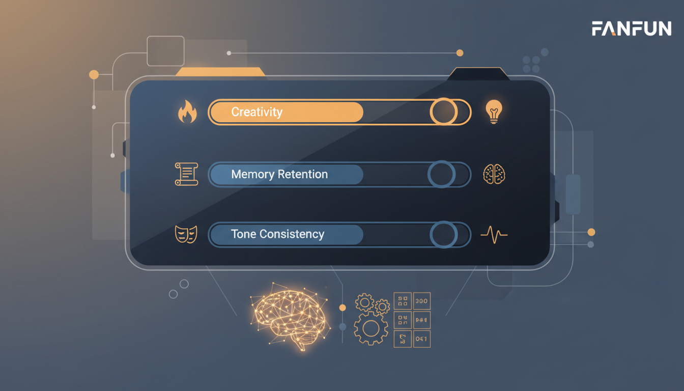 An infographic showing the balance between creativity, memory, and tone consistency settings for AI roleplay platforms.