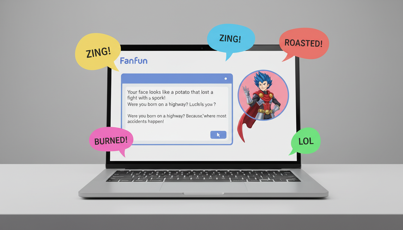 An illustration of a laptop showing the Fanfun platform where a user drafts a custom roast script for an AI character to deliver.