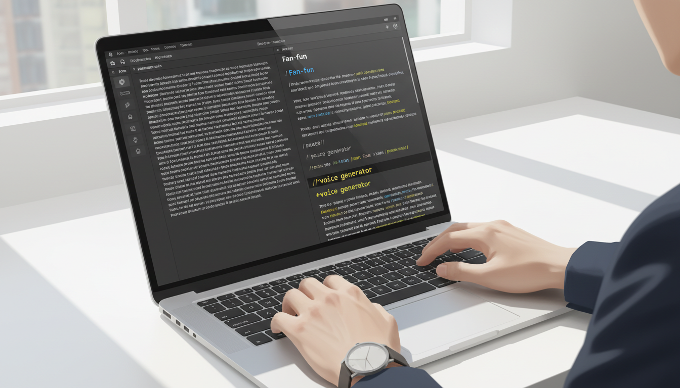 A laptop screen showing side-by-side script editing optimization for an AI voice generator.
