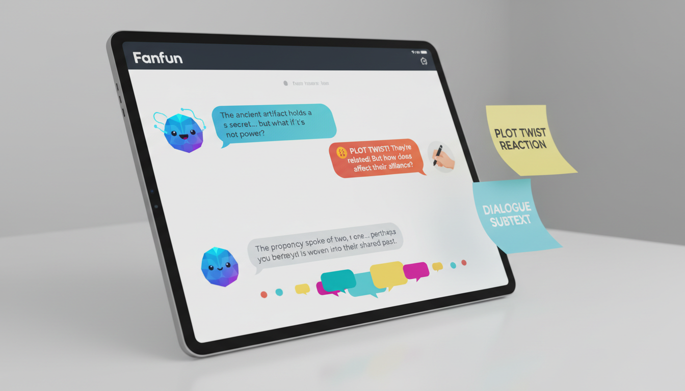 A tablet screen displaying an interactive character AI chat session with notes on dialogue subtext and plot reactions.