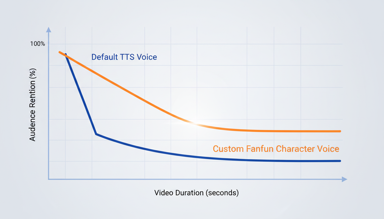 Retention graph comparison showing a sharp drop-off for default TikTok text-to-speech versus high retention for custom AI character voices.
