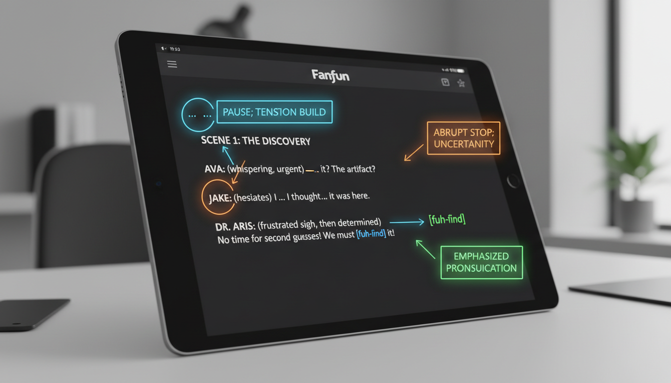 A close-up of a digital script editor showing how punctuation and phonetic spelling are used to direct AI voice cadence.