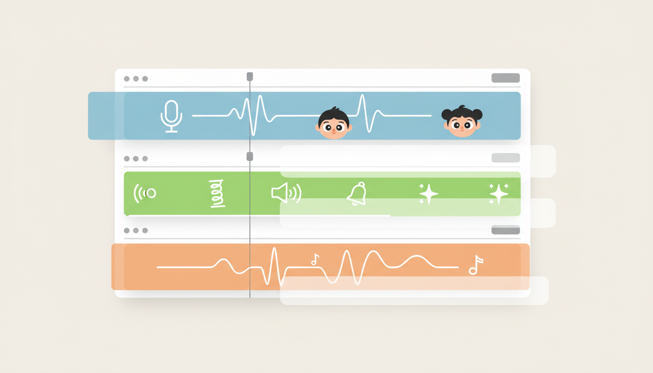 A video editing software timeline showing layered voice, sound effects, and music tracks for a cartoon video.