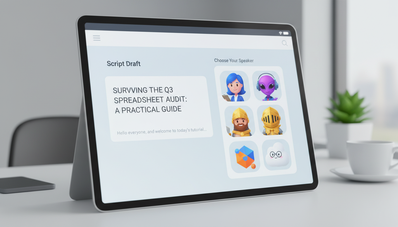A digital interface mockup showing a custom video script box and a selection of character avatars.
