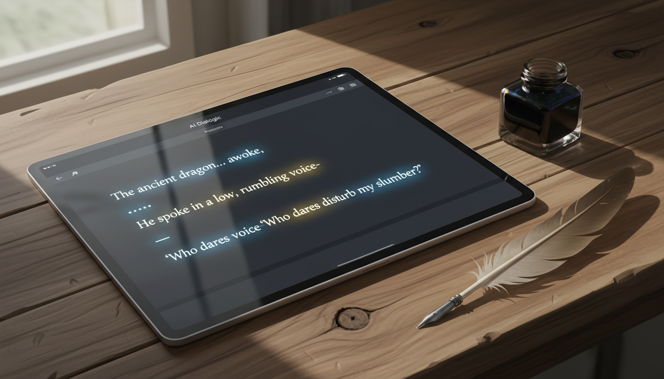A tablet screen displaying a formatted fantasy script with glowing punctuation marks next to a traditional quill.