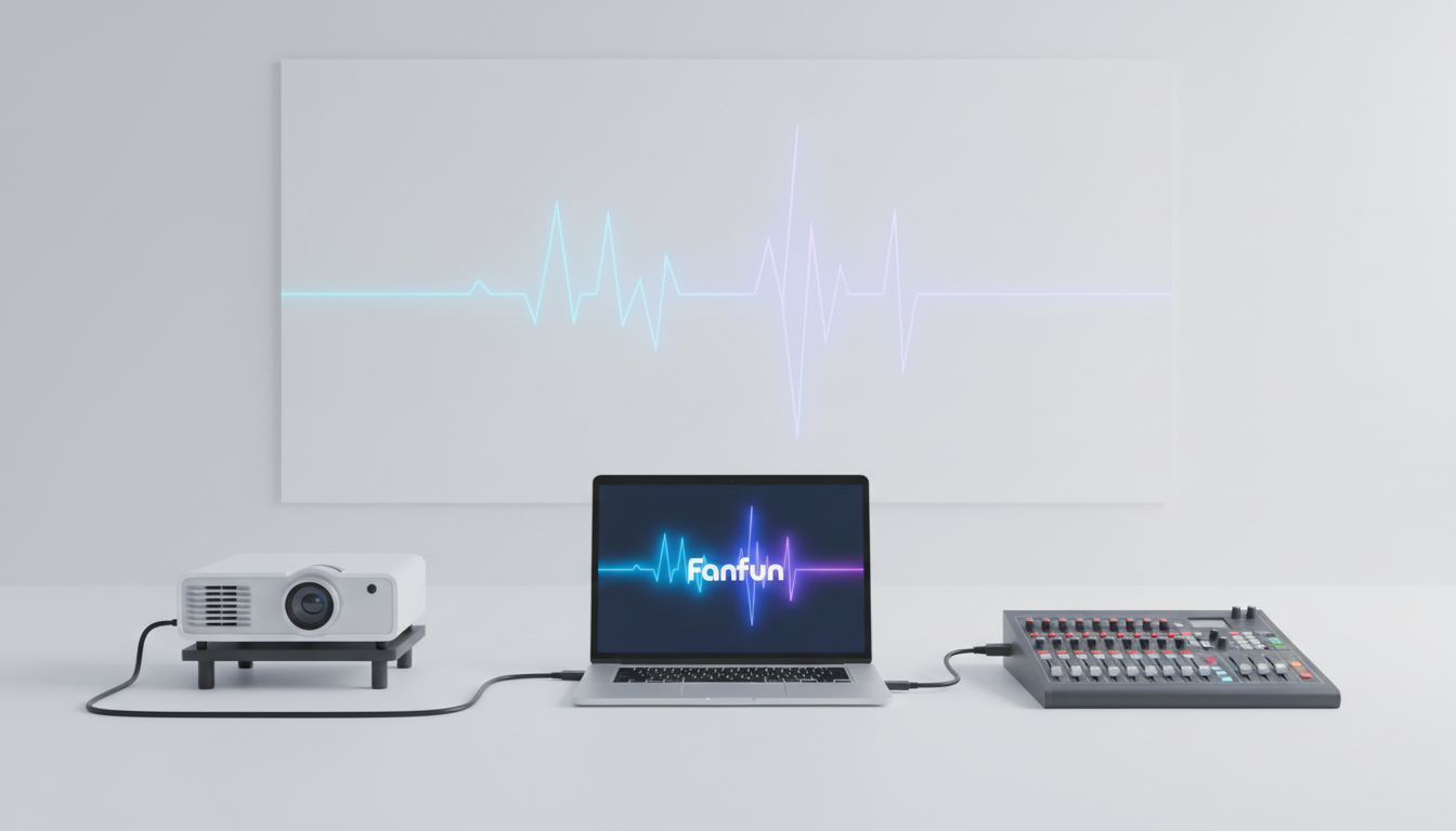 A technical diagram showing how to connect a laptop to a projector and sound system for playing AI video messages at a live event.