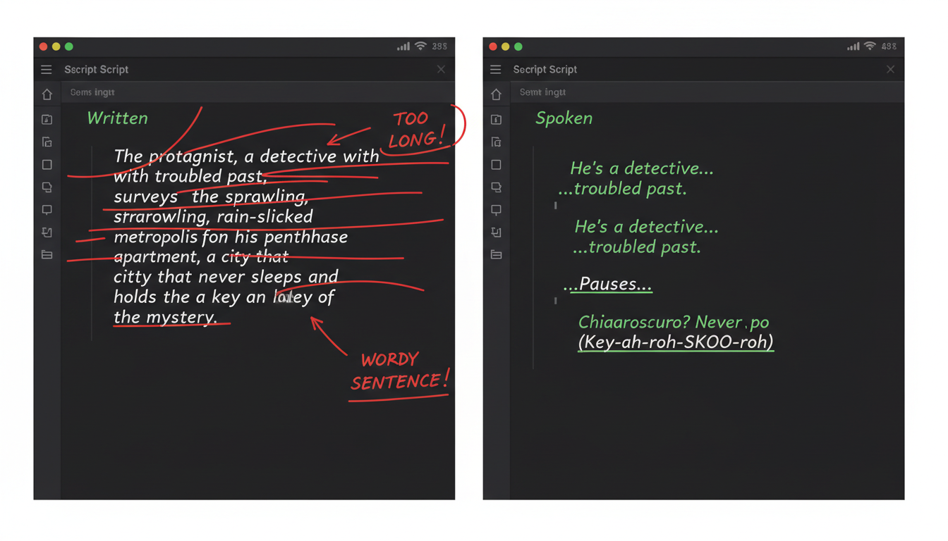 A side-by-side comparison of a script written for reading versus a script optimized with pauses and short sentences for natural voice track generation.