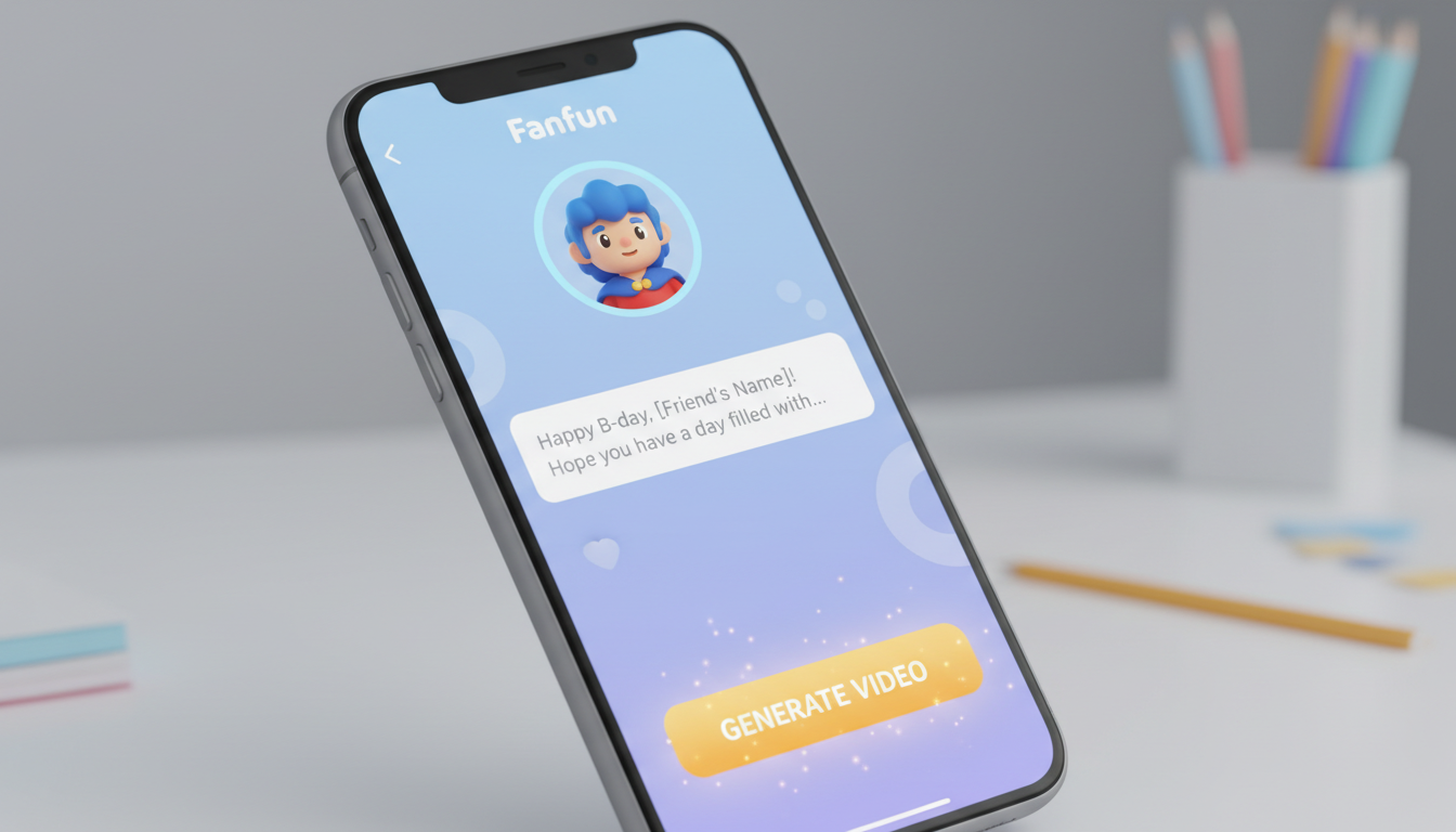 A mobile UI mockup showing how to input a custom script and instantly generate an AI birthday video on Fanfun.