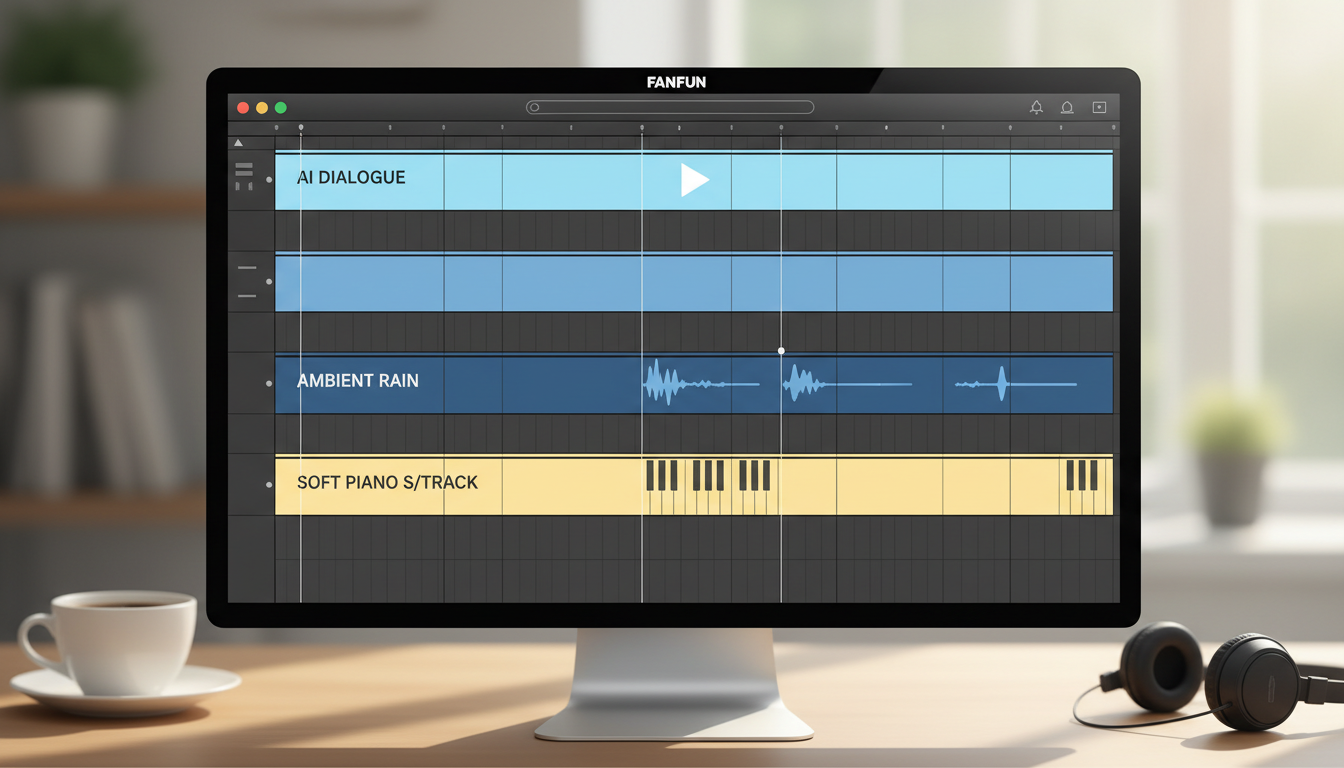A digital audio workstation timeline showing layered tracks of AI dialogue, ambient sound, and background music.