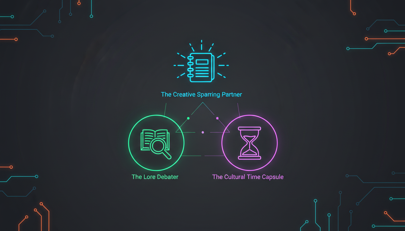 An infographic showing the three archetypal AI chat modes: Creative Sparring Partner, Lore Debater, and Cultural Time Capsule.