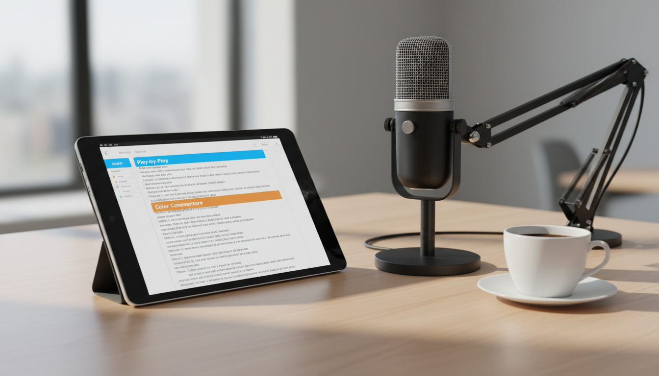 A tablet showing a color-coded sports commentary script next to a professional microphone on a desk.