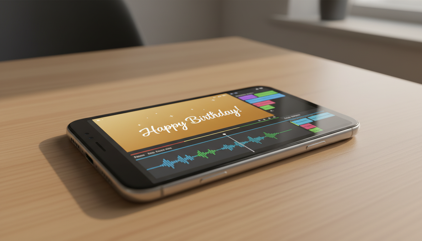 A smartphone on a desk showing a custom birthday video card in an editing timeline.