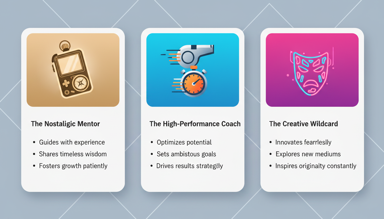An infographic showing three virtual character companion archetypes: Nostalgic Mentor, High-Performance Coach, and Creative Wildcard.
