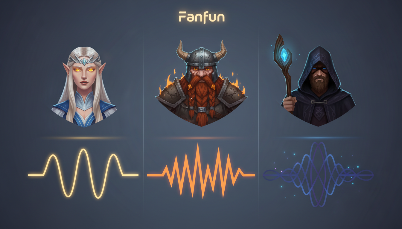An infographic matrix comparing vocal waveforms and textures for an elf, dwarf, and wizard character.