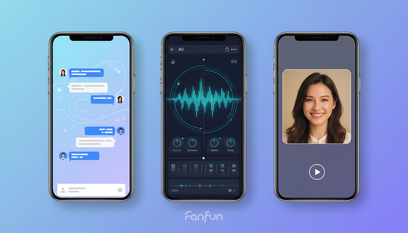 A comparison of three mobile screens displaying AI chat, AI voice generation, and instant AI video greetings.