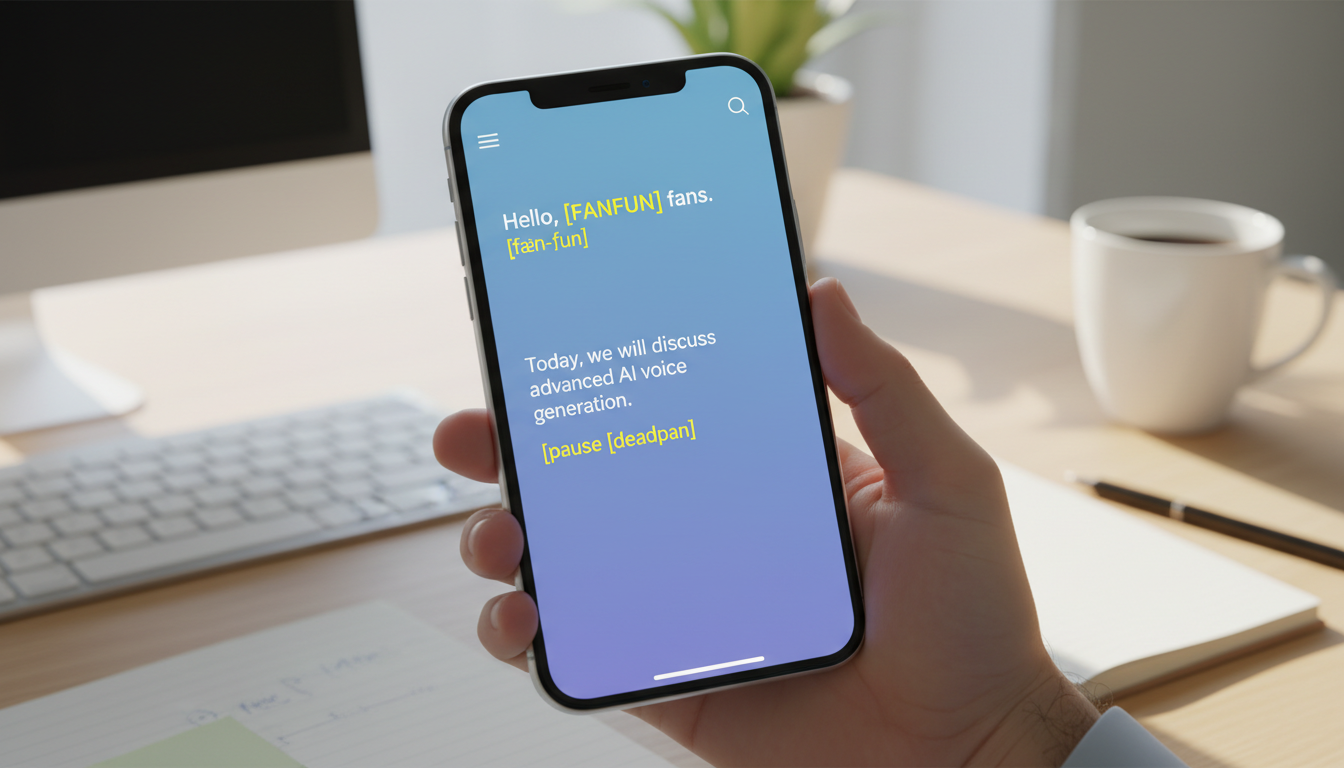 A smartphone screen displaying a formatted script optimized for an AI voice generator with delivery cues.