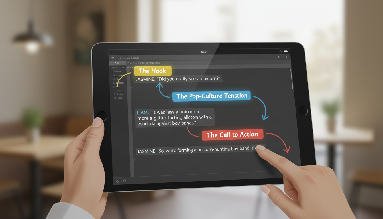 A digital tablet showing a structured video script layout with sections highlighted for hooks and character dialogue.