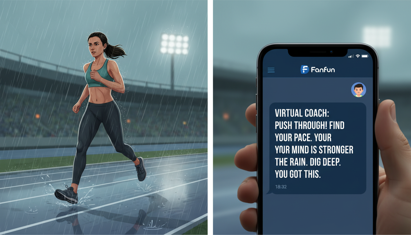 A split graphic showing a runner training in the rain alongside an encouraging, high-intensity text message from an AI sports coach.
