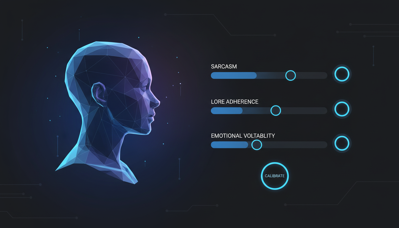 A conceptual dashboard showing adjustable sliders for AI character personality traits and emotional parameters.