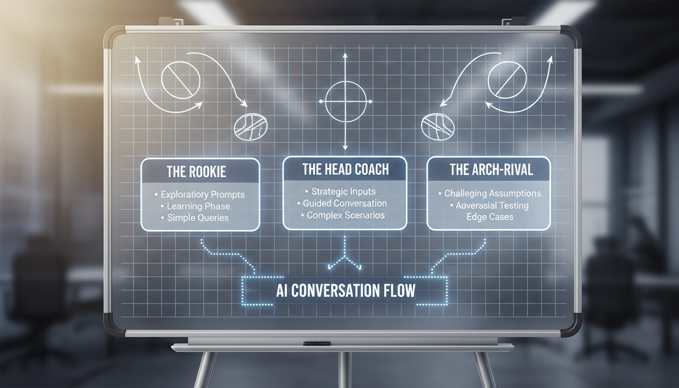 A tactical whiteboard diagram illustrating different user roles for virtual athlete roleplay, including Rookie, Coach, and Rival dynamics.