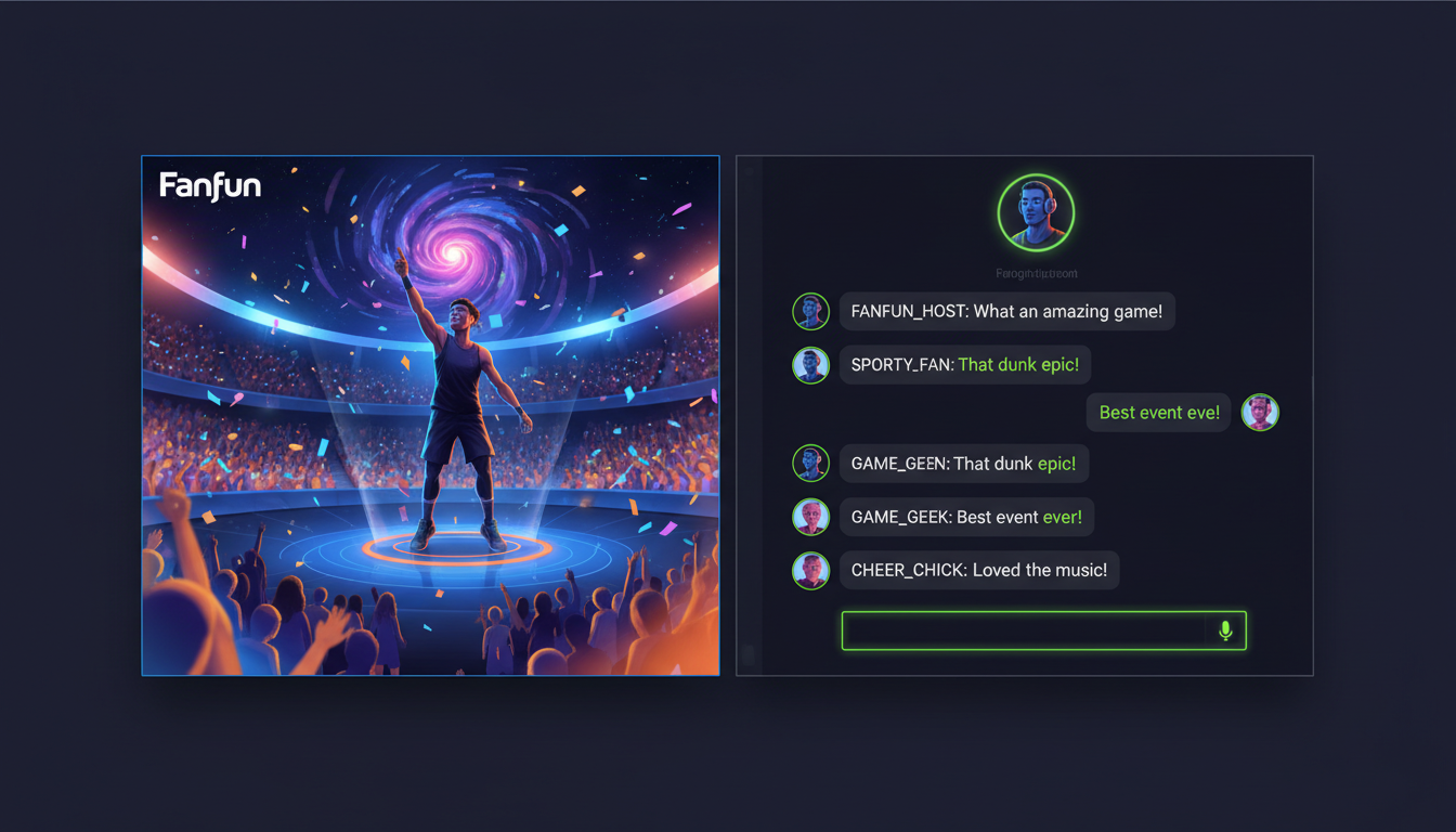 A mock-up of a virtual event interface with a live stream on the left and an interactive AI character chat sidebar on the right.