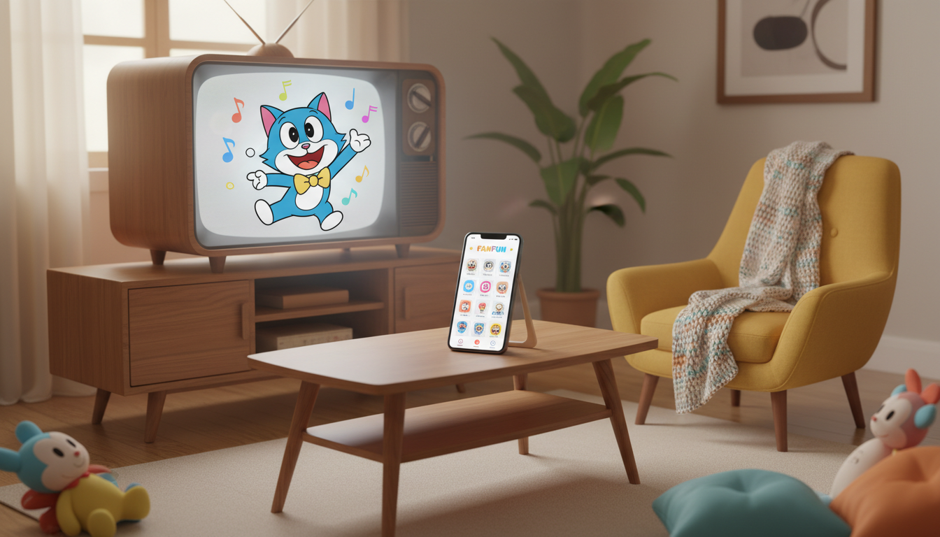 A vintage television playing a colorful cartoon character next to a modern smartphone displaying an AI video creation app on a wooden coffee table.