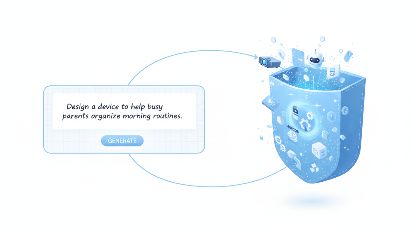 A conceptual diagram showing how to structure prompts to trigger futuristic gadget solutions from an AI character chat.