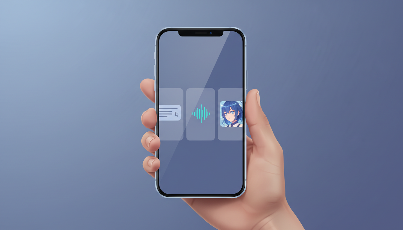Visual representation of multi-modal AI chat showing the transition between text, voice, and video formats.