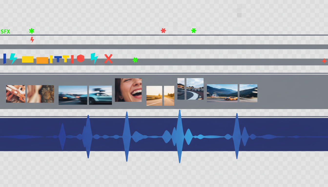A detailed layout of a video editing timeline showing audio waveforms, video tracks, and text overlays.