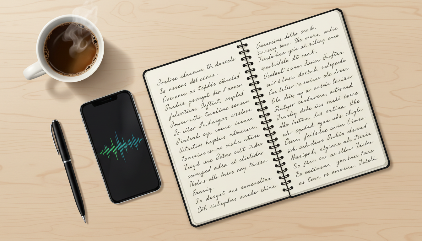 An open notebook with script planning notes next to a smartphone showing an editing waveform on a desk.