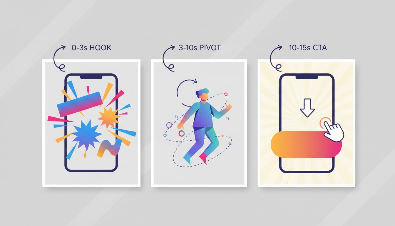 A visual storyboard showing the timeline of a high-retention 15-second AI video promo script.