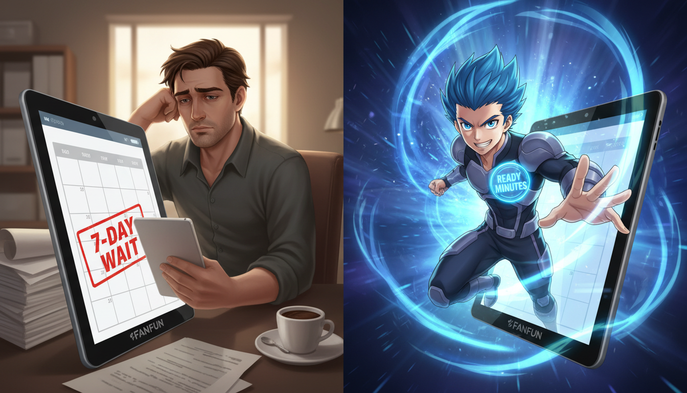 Comparison between slow real-world celebrity bookings and instant AI cartoon character video generation.