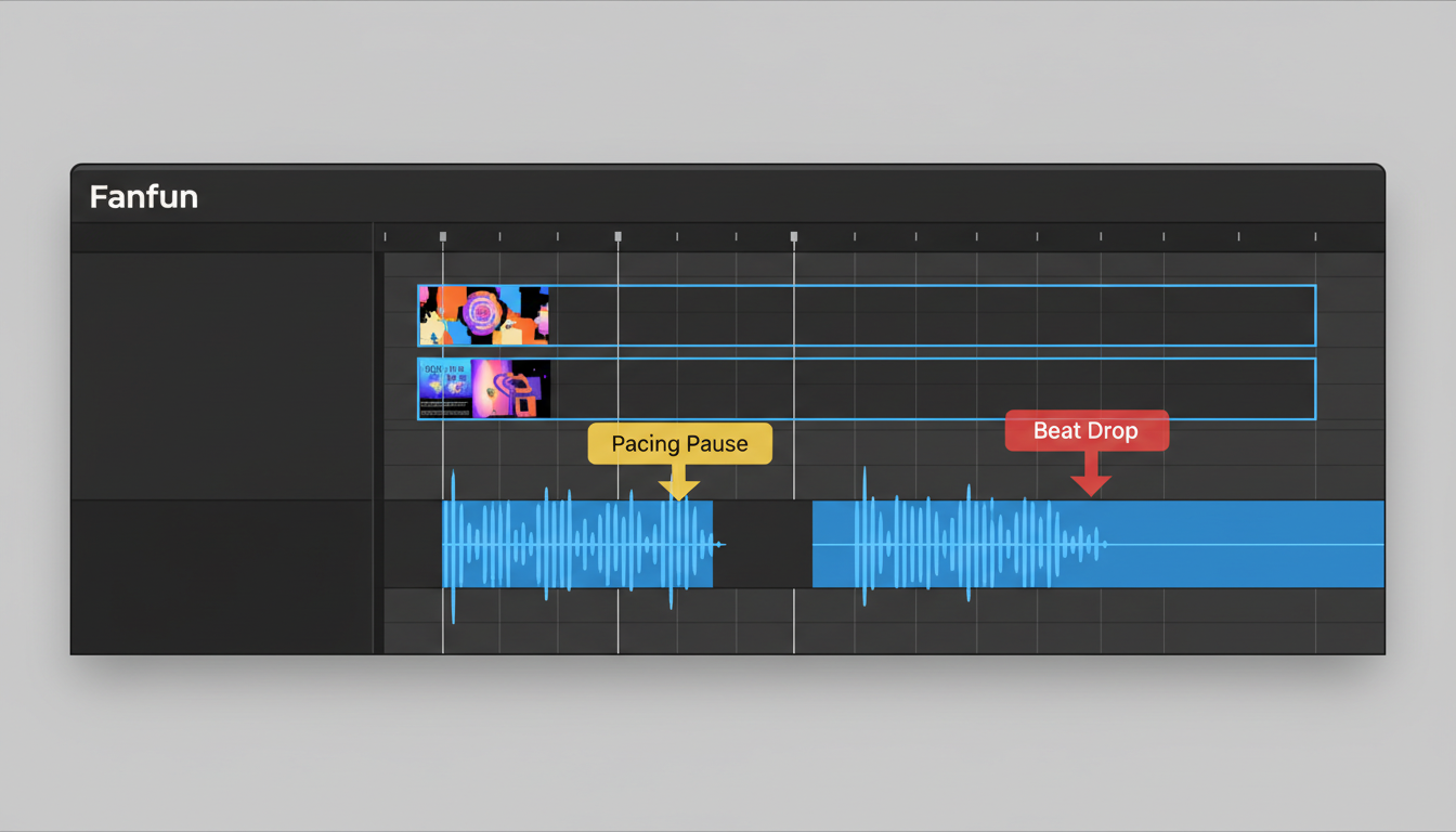 A close-up of a video editing timeline showing synchronized audio waveforms and video clips with editing markers.