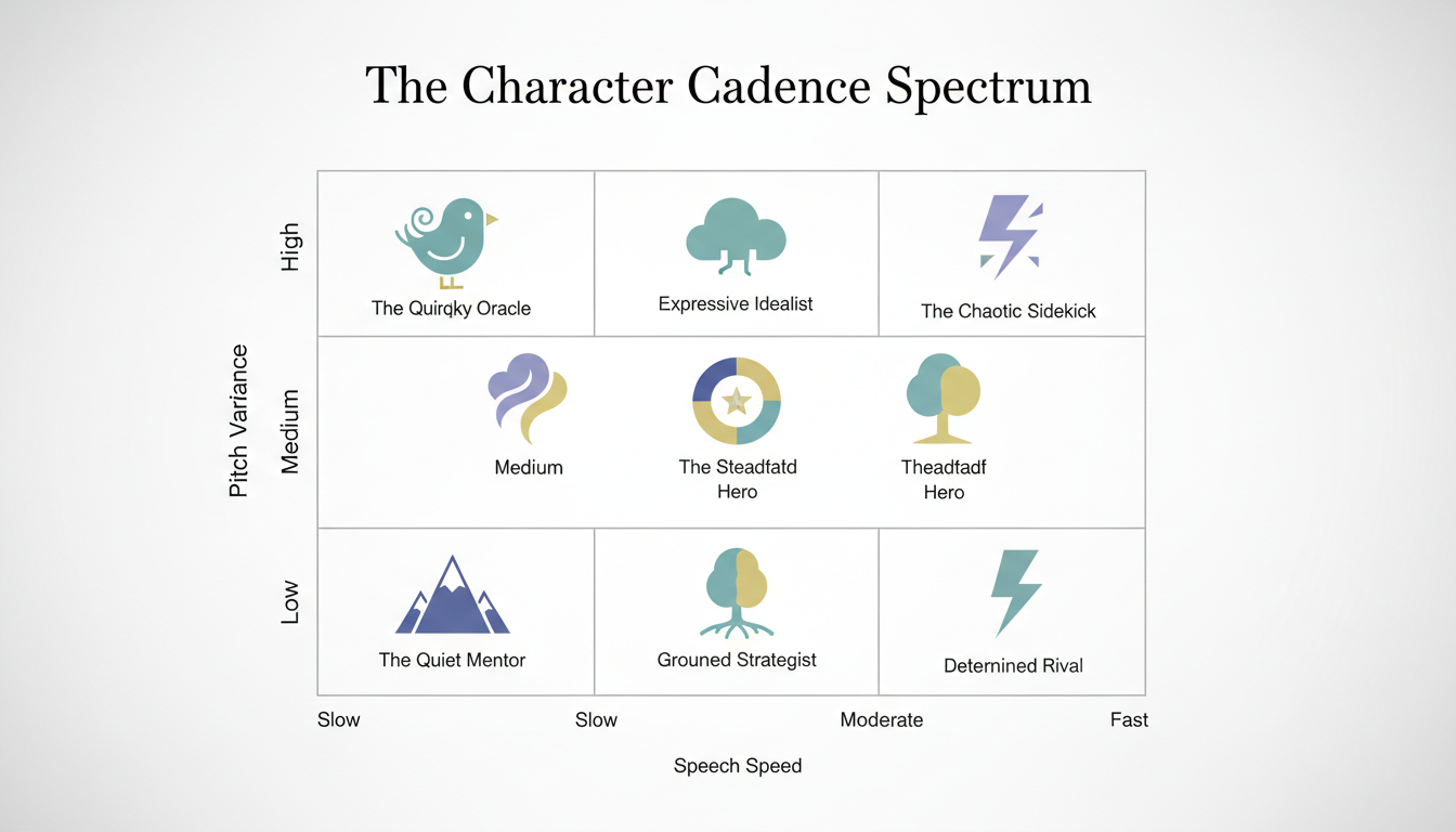 An infographic showing the Character Cadence Spectrum, mapping fictional archetypes by their vocal speed and pitch variance.
