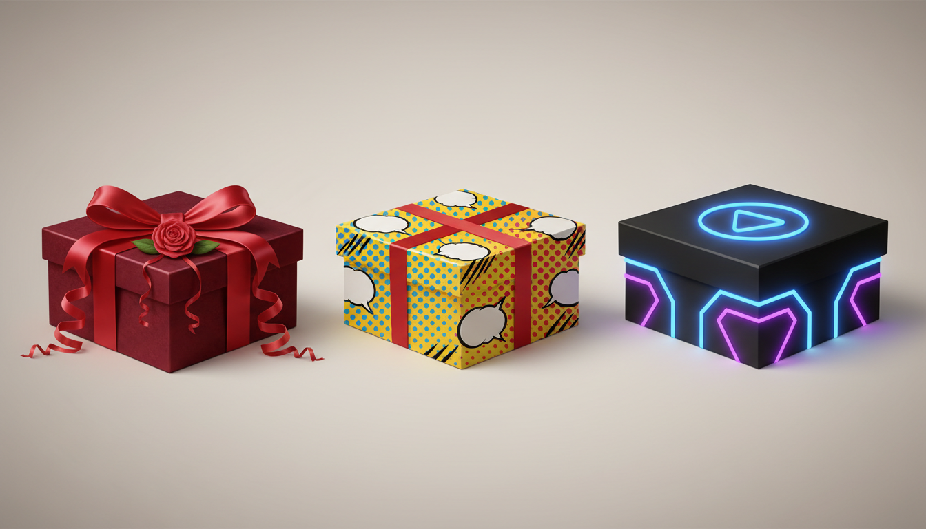 Three stylized gift boxes representing different relationship styles: romantic, playful, and pop-culture focused.