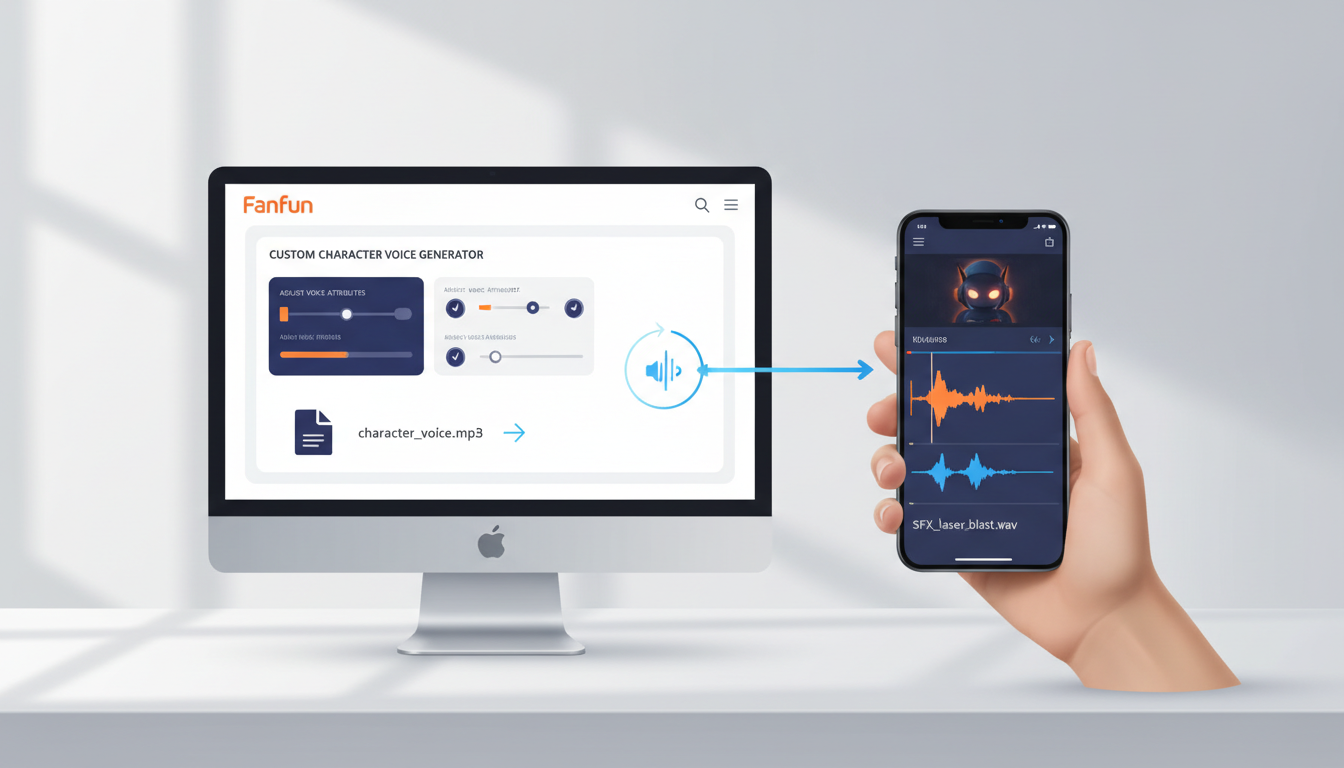 A step-by-step visual guide showing how to export audio from Fanfun and import it into a mobile video editor.