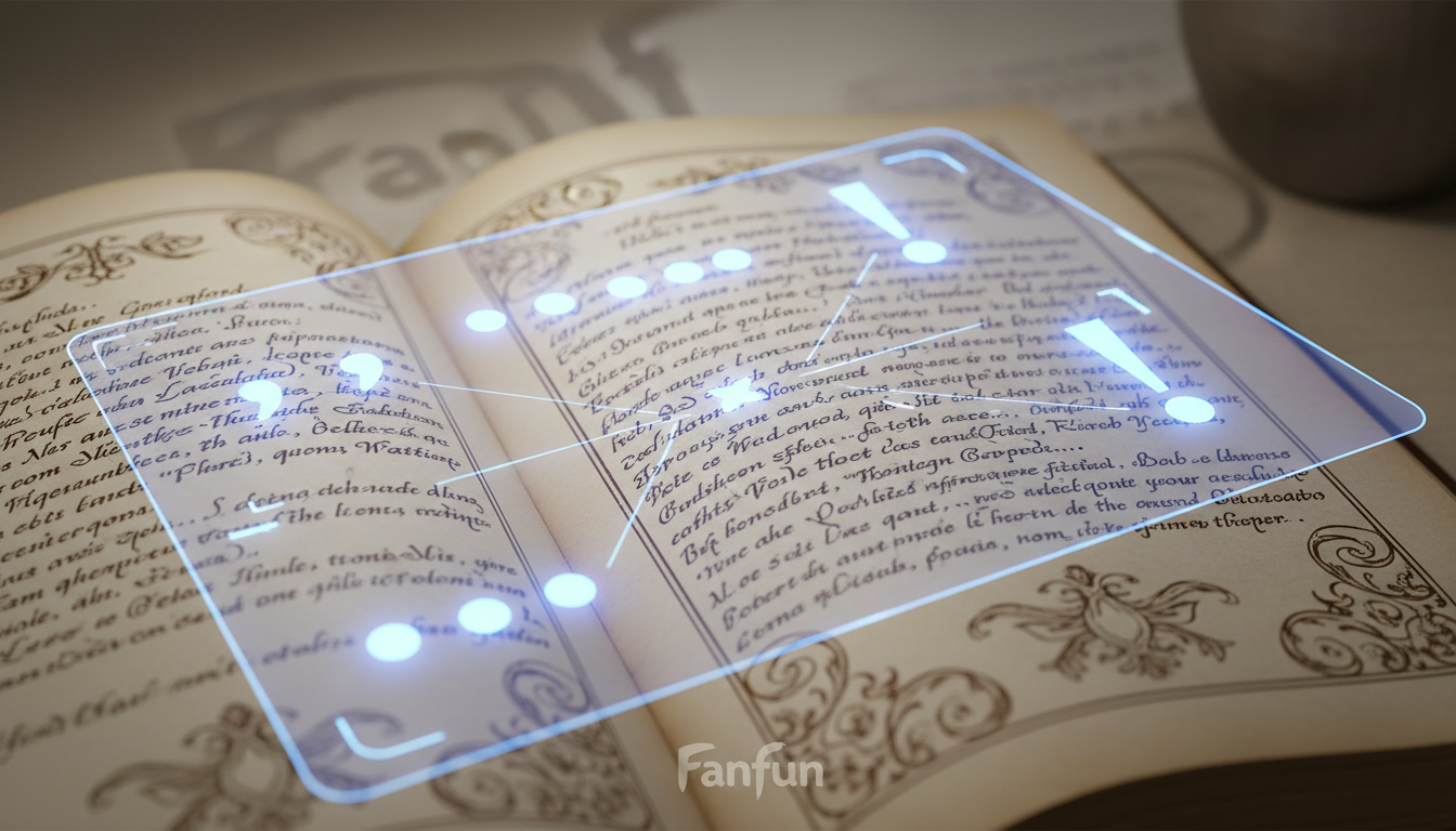 A close-up of a fantasy campaign journal with digital punctuation overlays showing how to script AI voices.