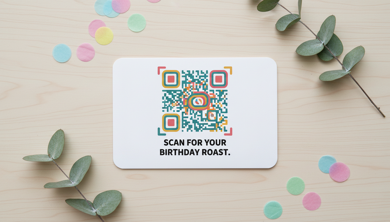A physical birthday card with a custom printed QR code for a digital video gift, styled as a premium physical presentation.