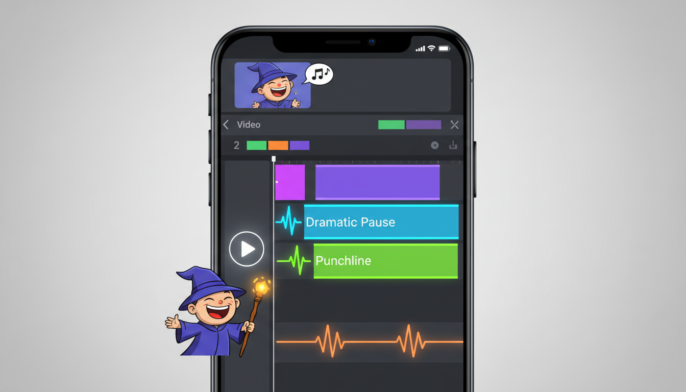 A smartphone video editing timeline showing audio tracks optimized for comedic timing and dramatic pauses.