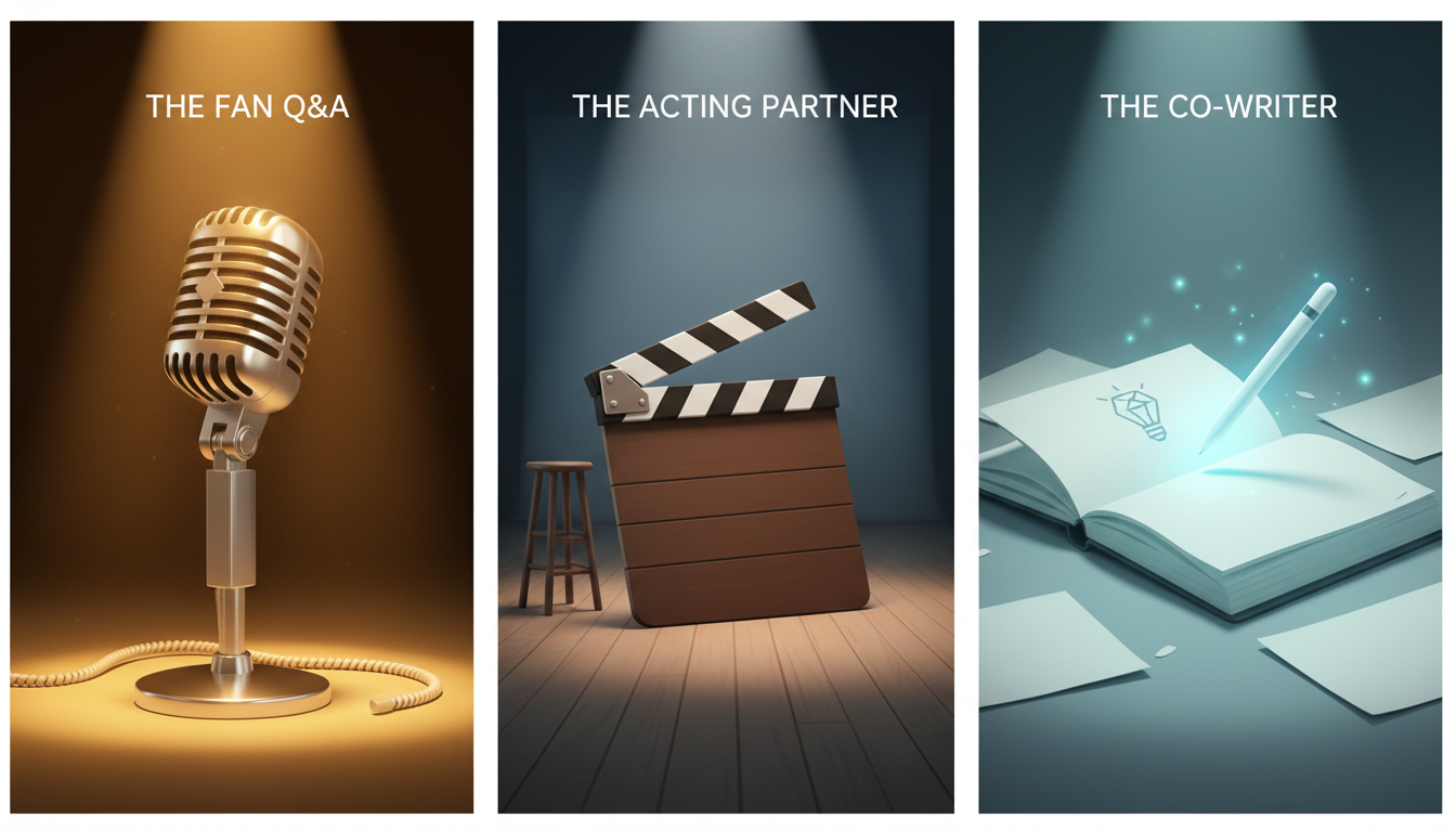 A three-frame storyboard illustrating the Fan Q&A, Acting Partner, and Co-Writer modes for virtual character chat.