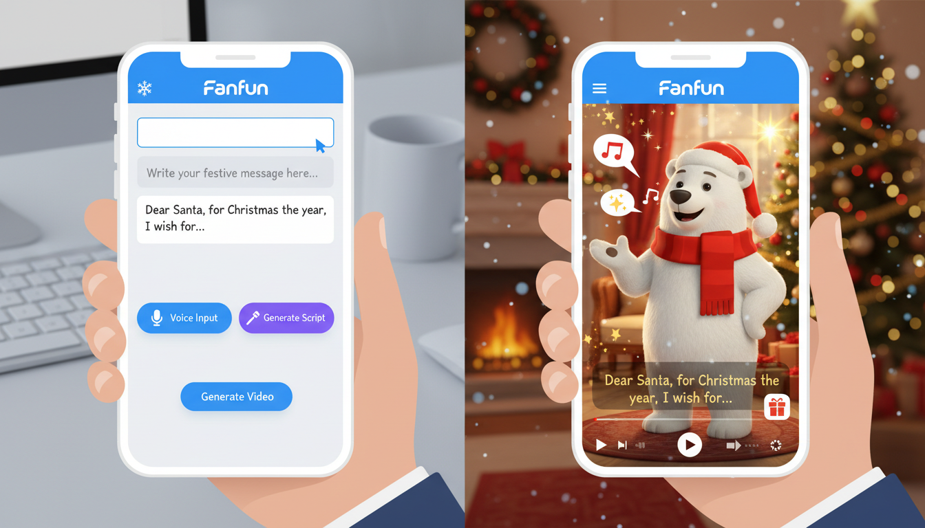 A split-screen illustration showing a user typing a holiday script on a smartphone and the resulting instant character video greeting preview.