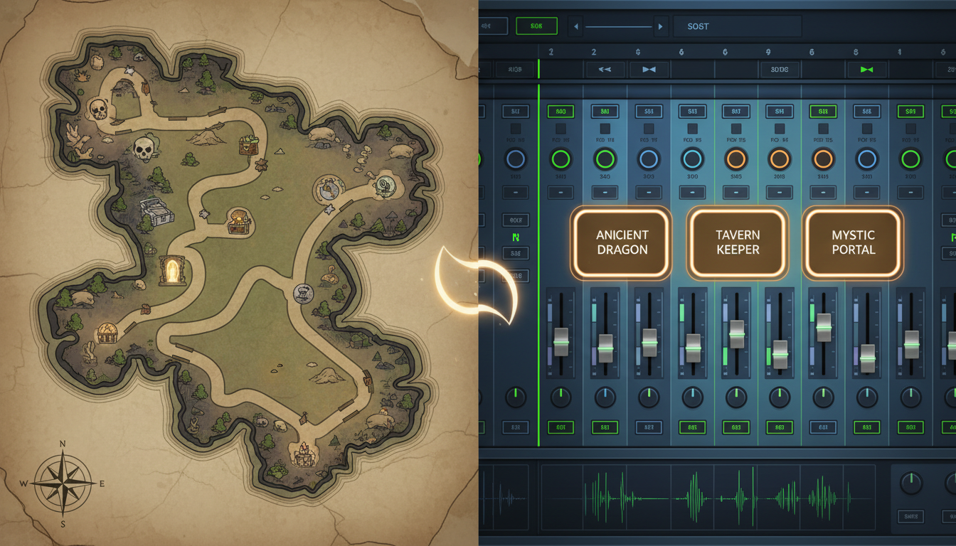 A split-screen showing a fantasy dungeon map next to a digital soundboard interface for TTRPG audio.
