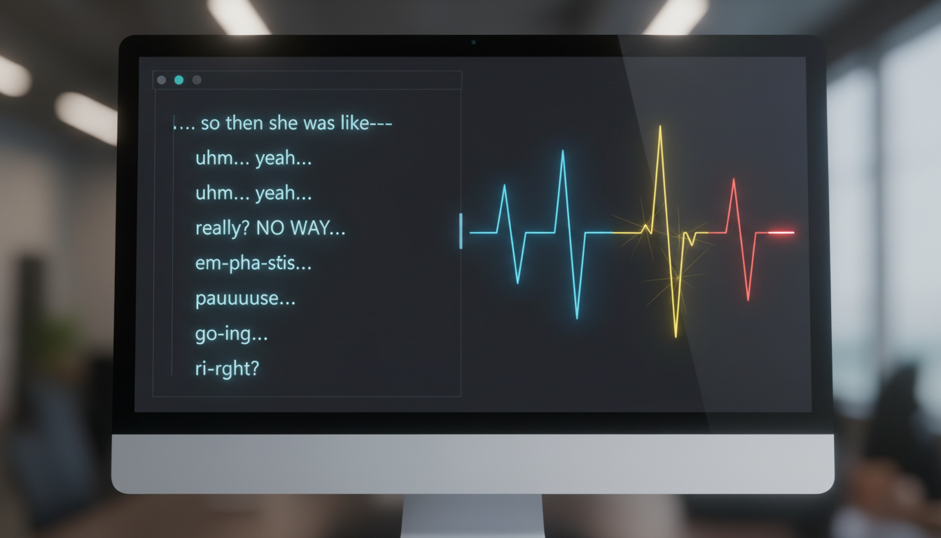 Visual guide demonstrating how punctuation marks like ellipses and capitalized words translate into pauses and pitch shifts on an audio waveform.