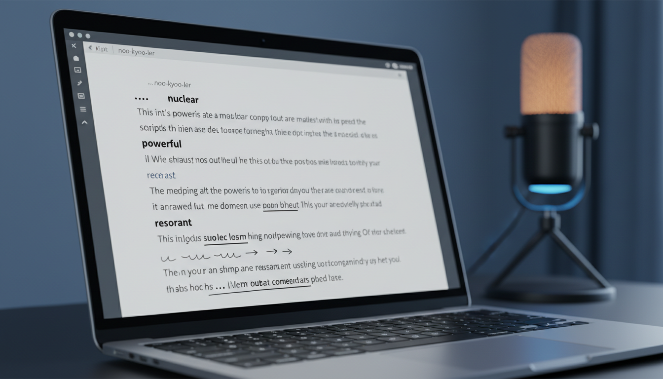 A laptop screen displaying a script marked up with phonetic spelling and punctuation cues for an AI voice generator.