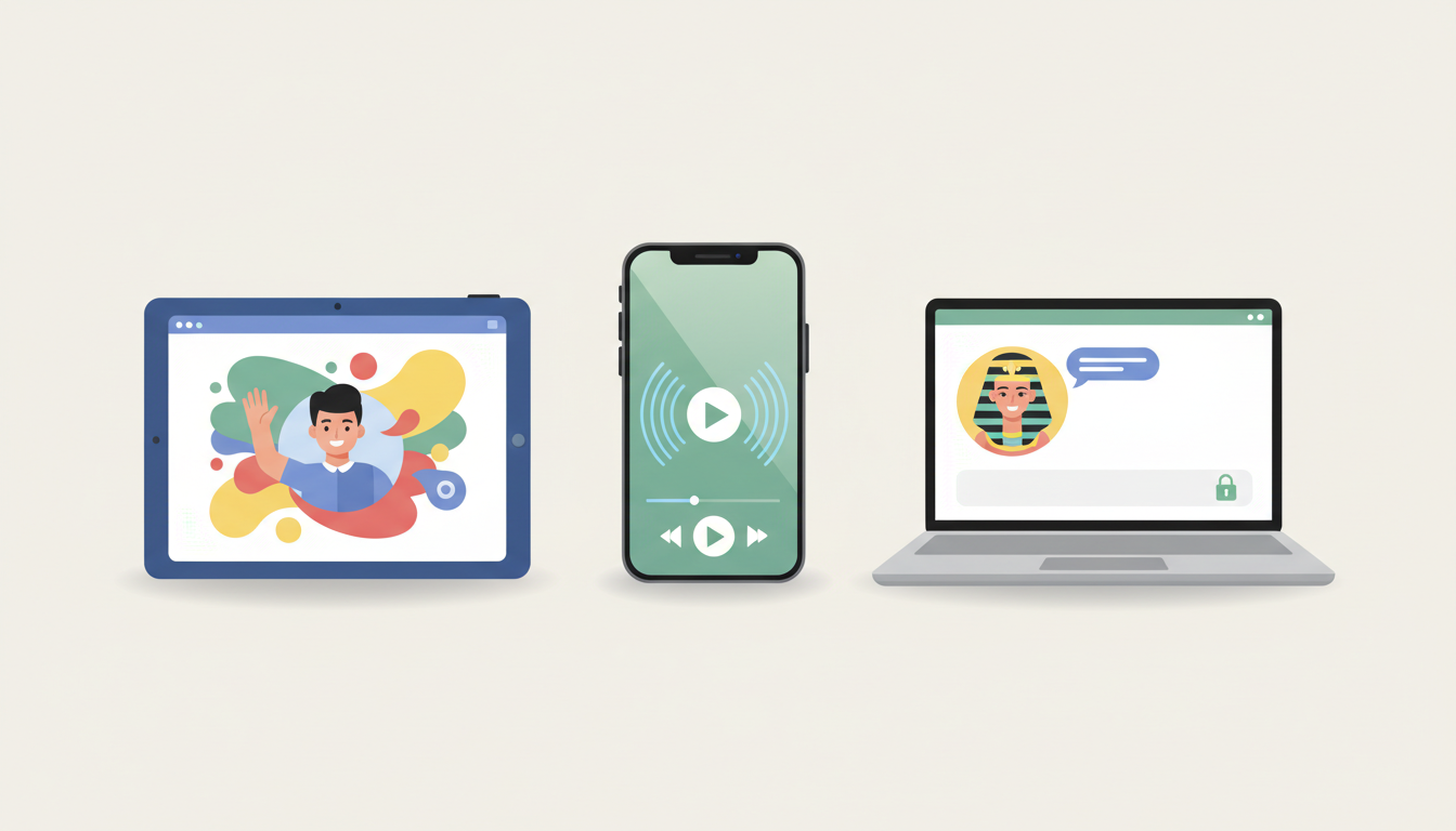 A graphic showing three digital mediums for classroom storytelling: video messages, audio tracks, and interactive chat interfaces.