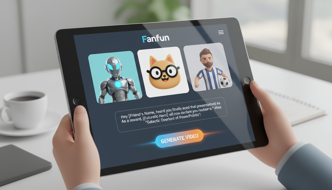Mockup of the Fanfun platform interface showing character selection and script input for an AI congratulations video.